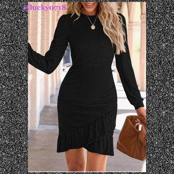 PrettyGarden NWT Black Ruched Bodycon Long Puff Sleeve Mini Dress in Black Sz S - Picture 2 of 10